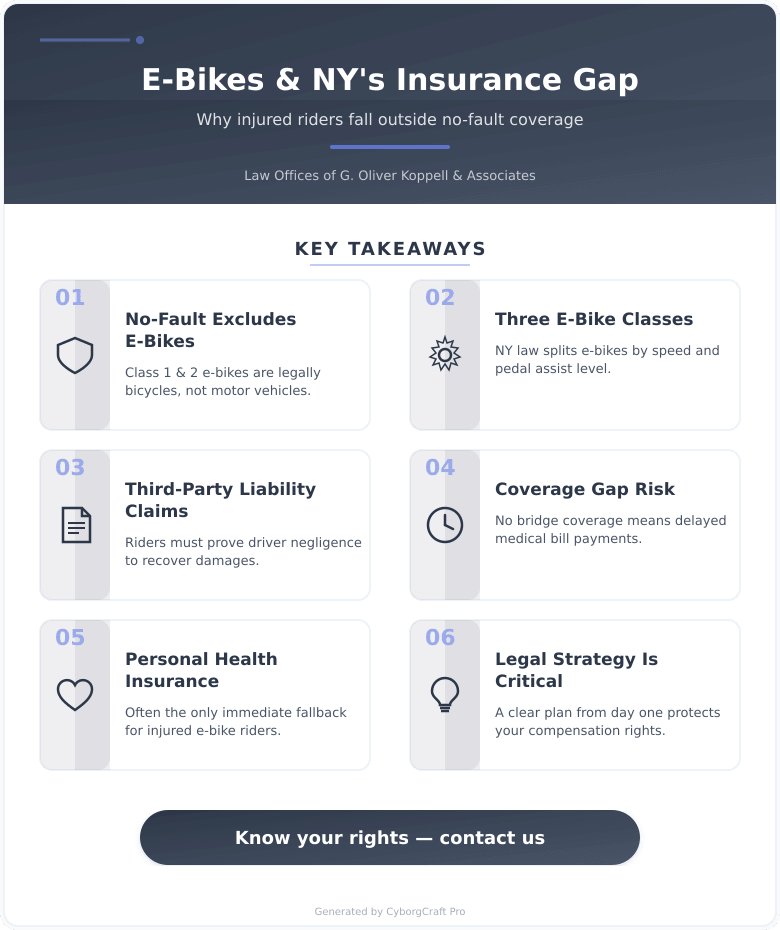 Infographic: E-Bikes Fall Through a Legal Hole in New York: Why Injured Riders Can't Use No-Fault Insurance - Key concepts and takeaways