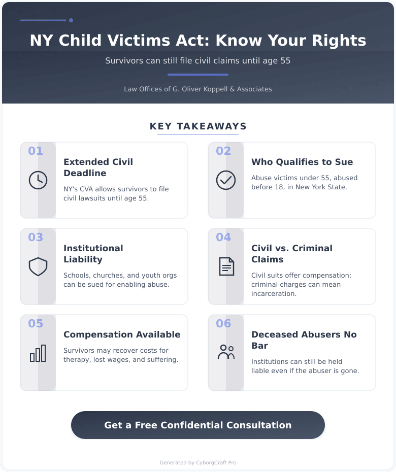 Infographic: You Can Still Sue for Childhood Abuse in New York Until Age 55: What the Child Victims Act Actually Allows - Key concepts and takeaways