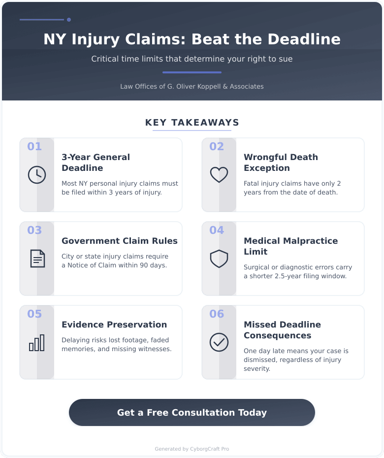 Infographic: The Hidden Deadline That Can Kill Your Injury Claim: New York's Three-Year Statute of Limitations Explained - Key concepts and takeaways