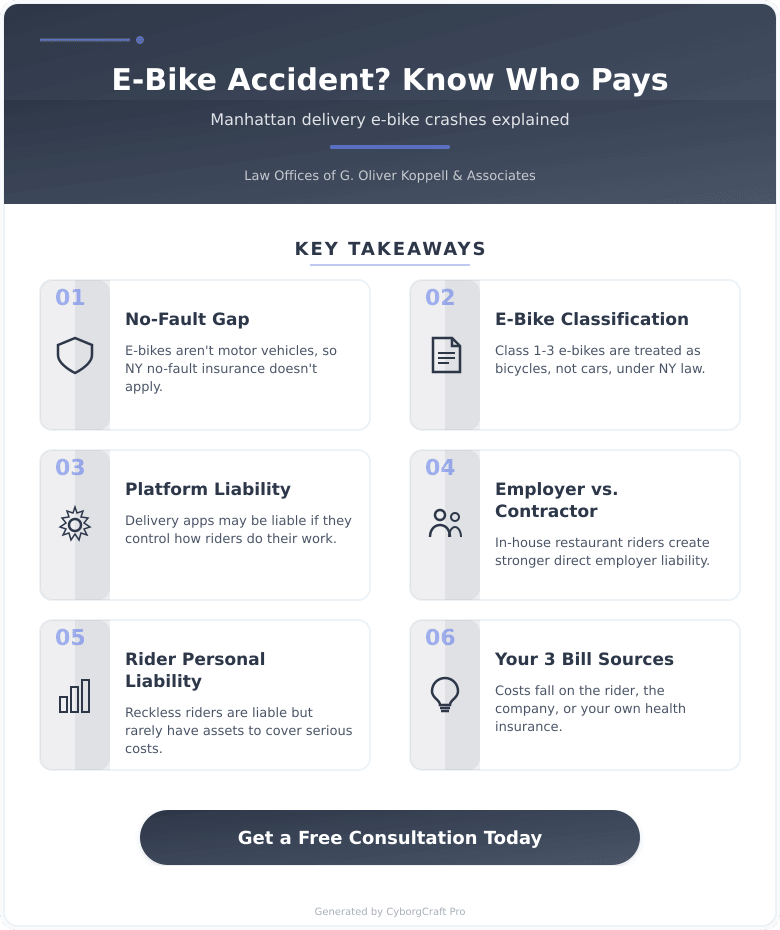 Infographic: Hit by a Delivery E-Bike in Manhattan? The Surprising Answer to Who Pays Your Medical Bills - Key concepts and takeaways