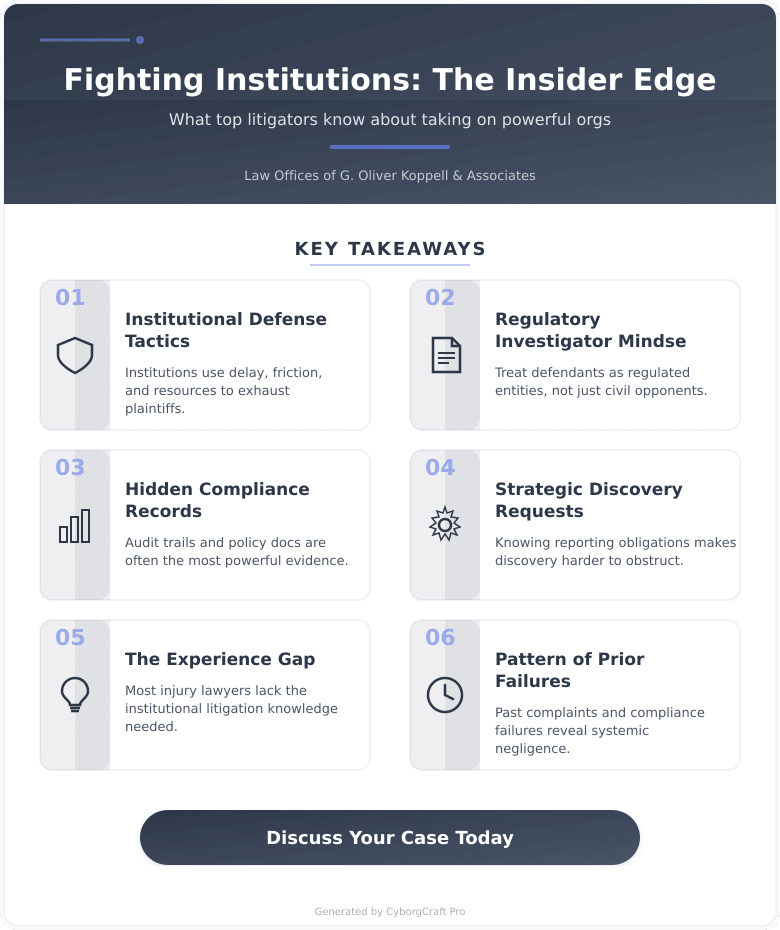 Infographic: What a Former Attorney General Knows That Most Injury Lawyers Don't About Fighting Institutions - Key concepts and takeaways
