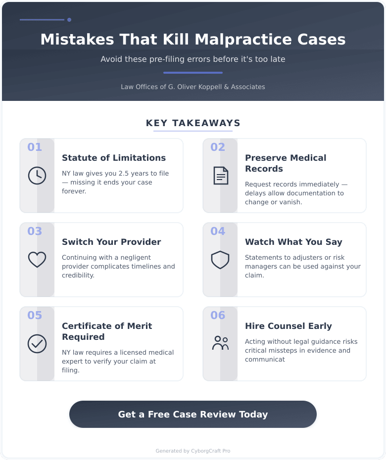 Infographic: The Medical Malpractice Mistakes That Quietly Destroy Strong Cases Before They Begin - Key concepts and takeaways