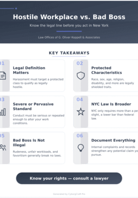 Infographic: Hostile Work Environment vs Just a Bad Boss: The Legal Line New Yorkers Keep Getting Wrong - Key concepts and takeaways