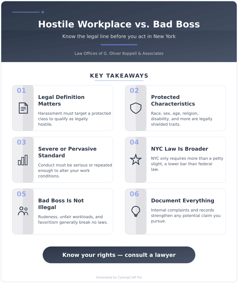 Infographic: Hostile Work Environment vs Just a Bad Boss: The Legal Line New Yorkers Keep Getting Wrong - Key concepts and takeaways
